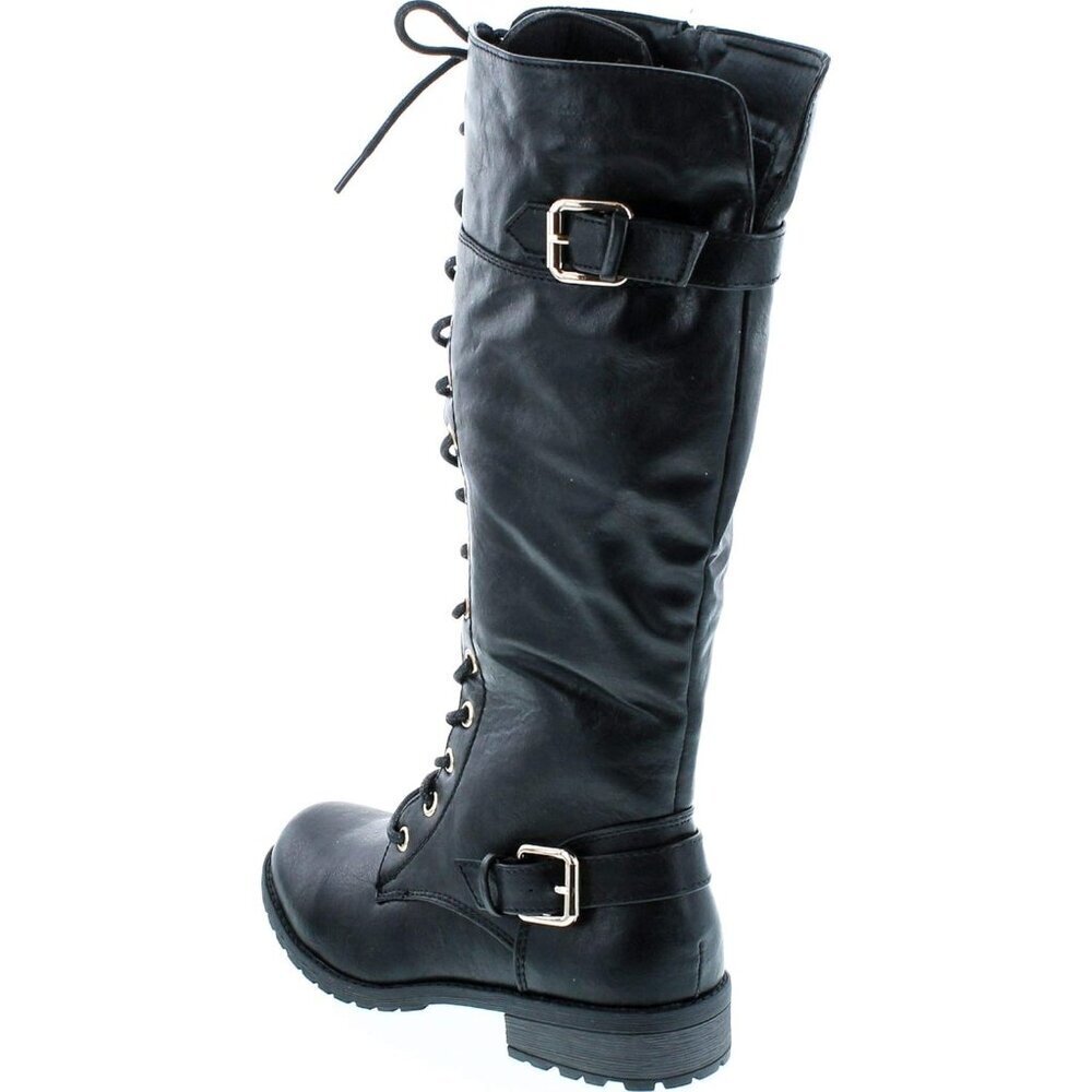 Mango 27 Womens Knee High Buckle Riding Lace Up adjustable Black Long Boots - Picture 3 of 8